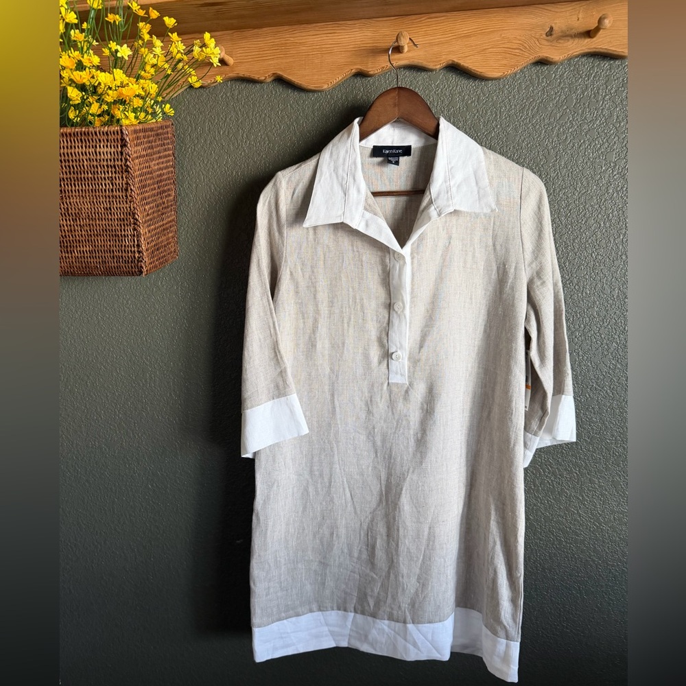 Karen Kane Tan & White Linen Costa Palmas Dress